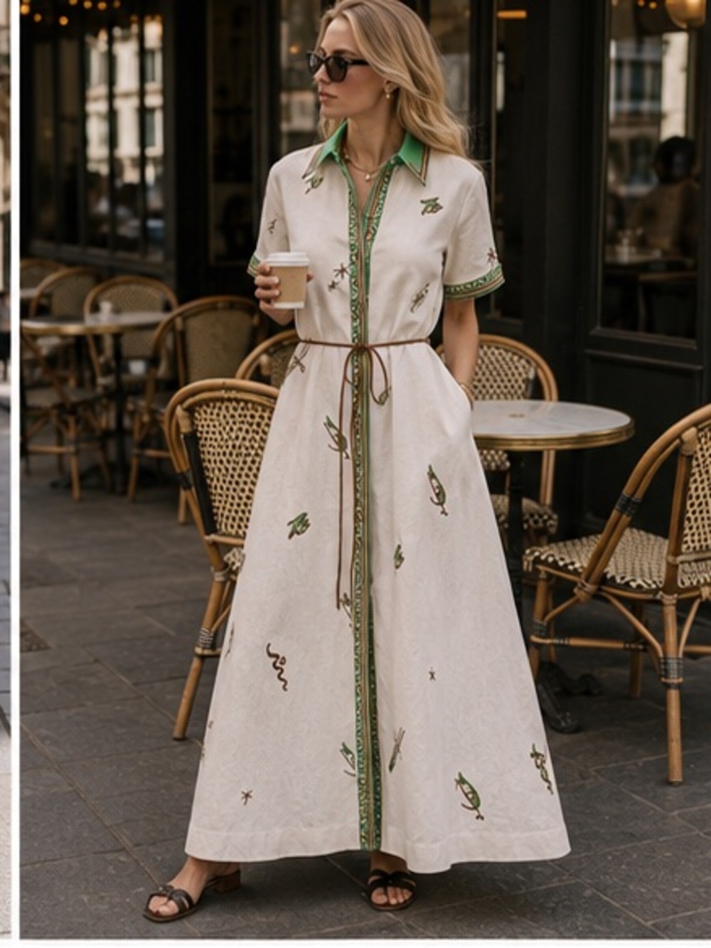 Alemais Cream Maxi Shirt embroidered Dress with Green Trim